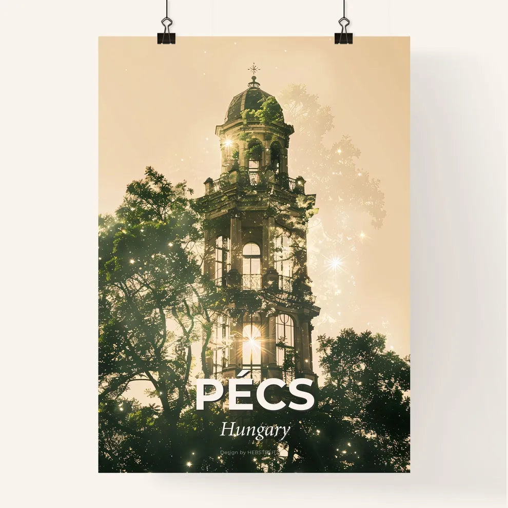 Pecs City Skyline Art Poster: Subtle Lights, Bright Beige Poster