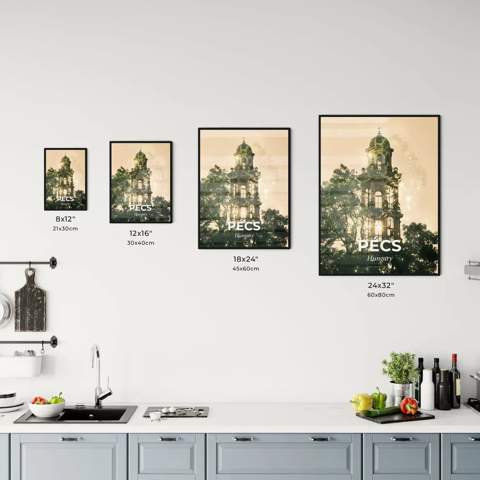 Pecs City Skyline Art Poster: Subtle Lights, Bright Beige Office Art