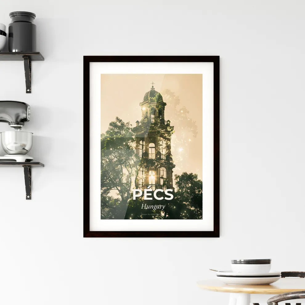 Pecs City Skyline Art Poster: Subtle Lights, Bright Beige Framed Print