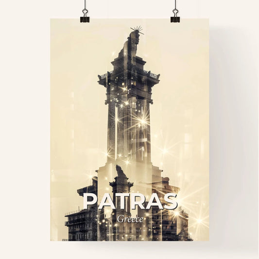 Patras City Skyline Art: Bright Beige Sparkle Silhouette Poster