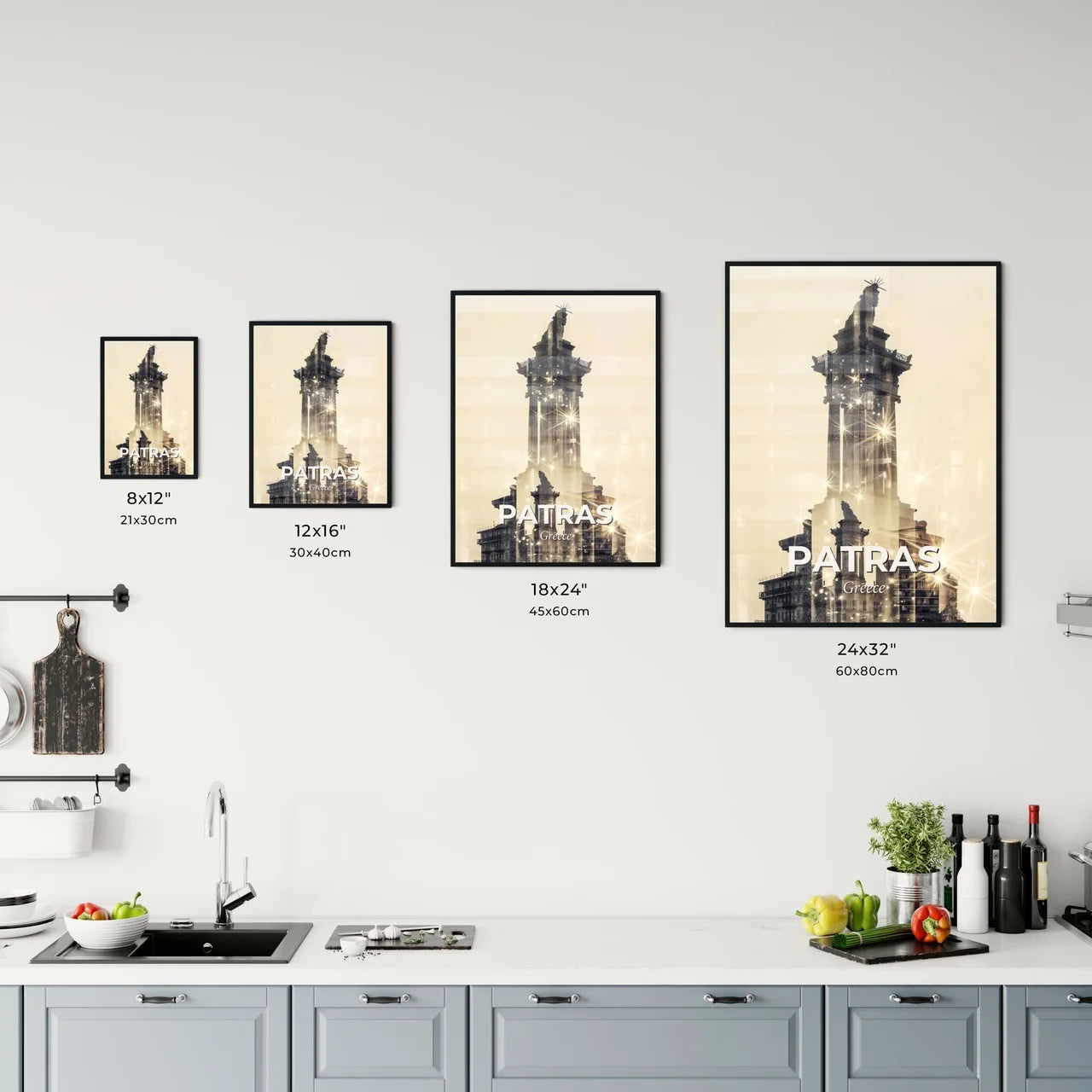 Patras City Skyline Art: Bright Beige Sparkle Silhouette Office Art