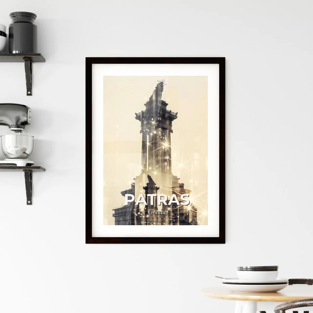 Patras City Skyline Art: Bright Beige Sparkle Silhouette Framed Print