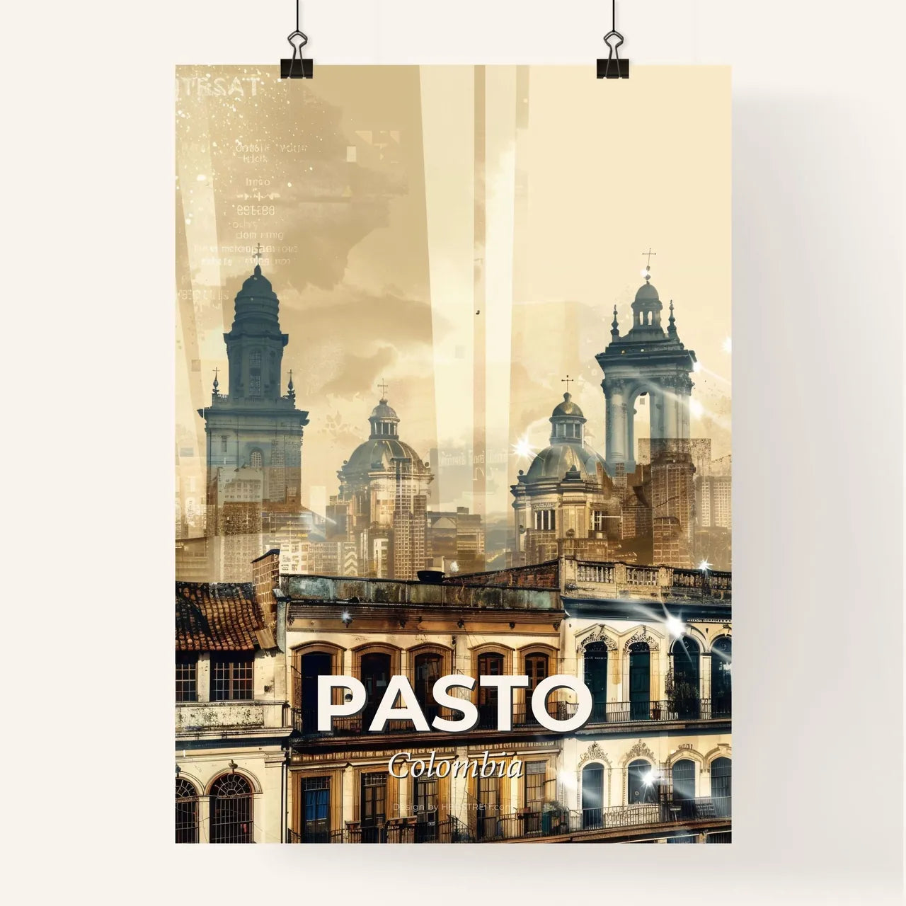 Pasto Cityscape Art: Icons in Double Exposure Poster