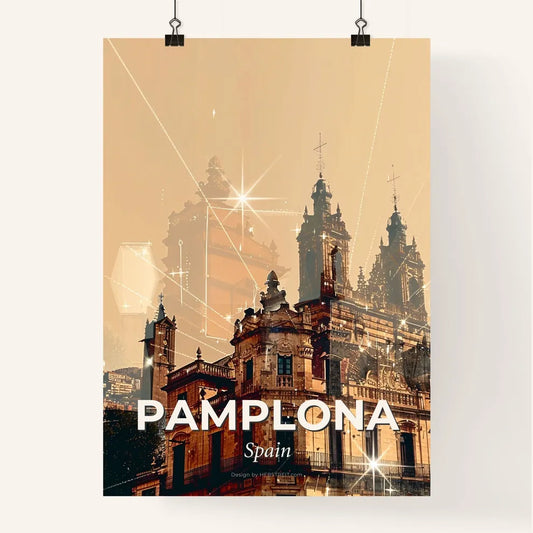Pamplona Skyline Composite Art: City Icons on Beige Poster