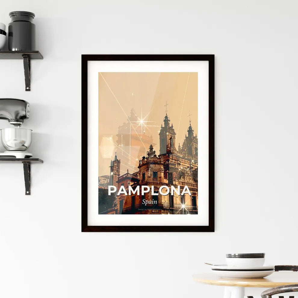 Pamplona Skyline Composite Art: City Icons on Beige Framed Print