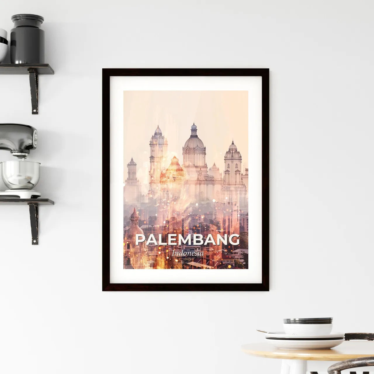 Palembang Double Exposure Minimalist Skyline Poster Art Framed Print