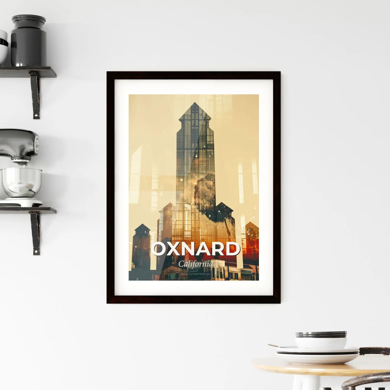 Oxnard Skyline Composite Art, Bright Beige Framed Print