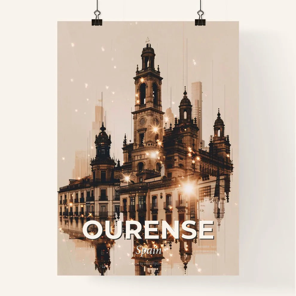 Ourense: Skyline Icons in Double Exposure Art Poster