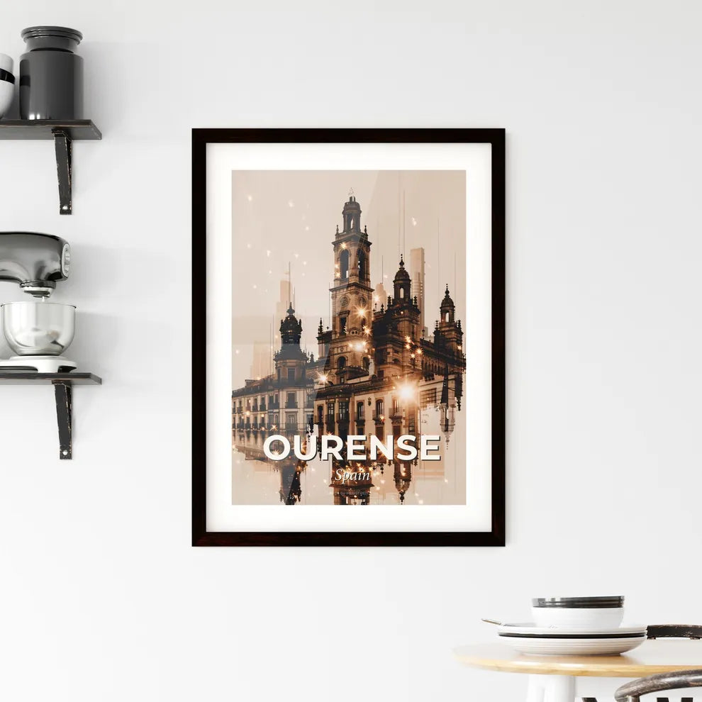 Ourense: Skyline Icons in Double Exposure Art Framed Print