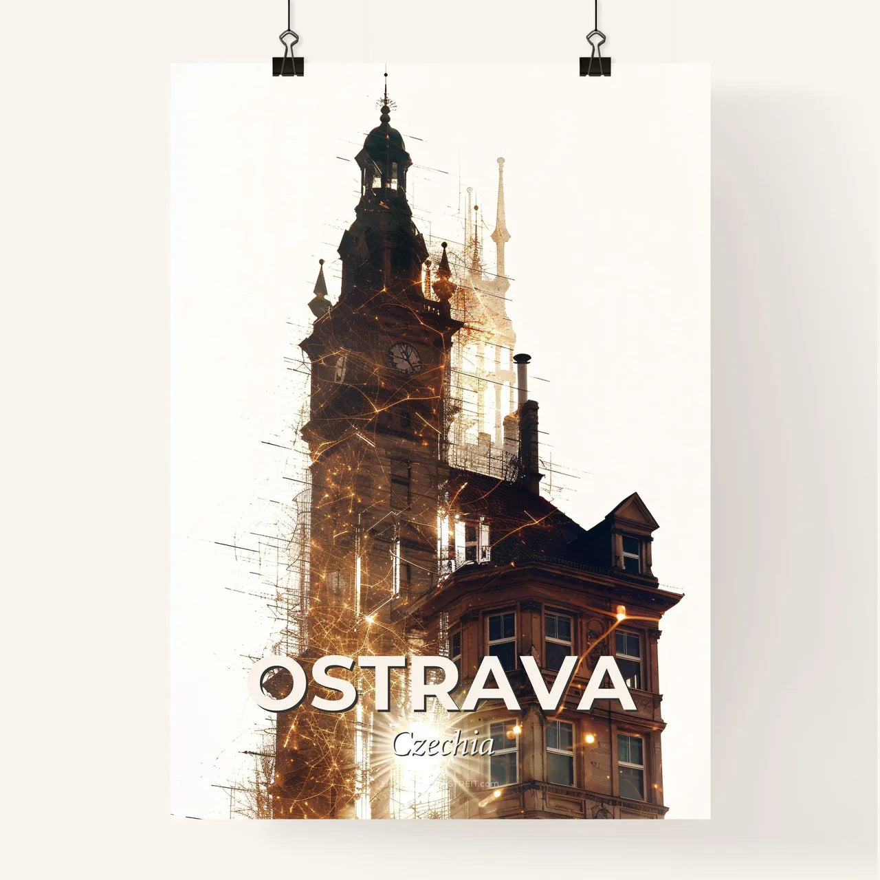 Ostrava Skyline Double Exposure Art Print Poster