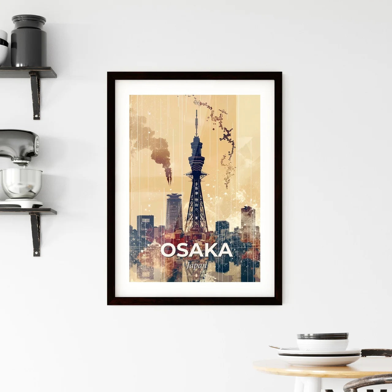 Osaka Skyline Beauty in Beige with Sparkles Framed Print
