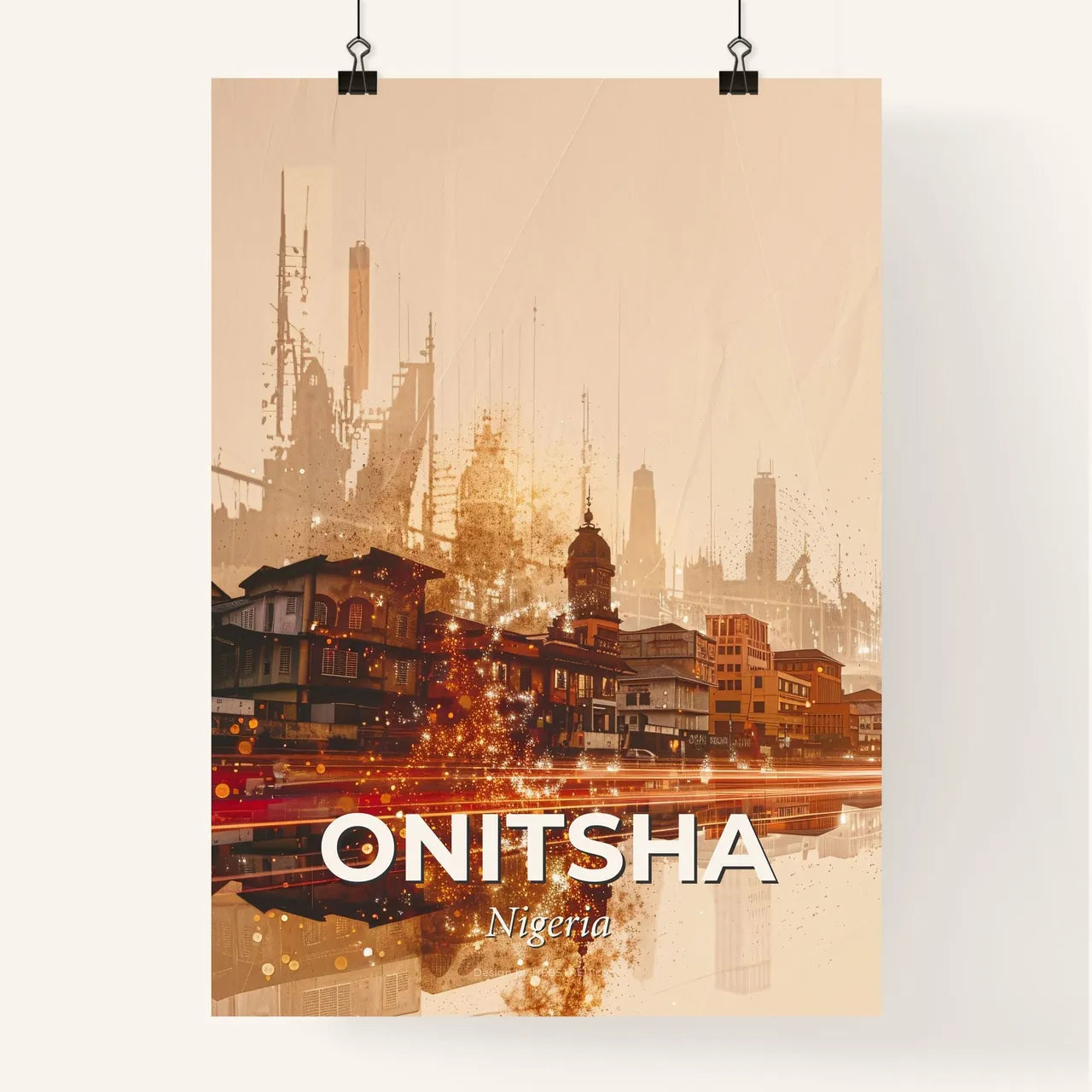 Onitsha Skyline Double Exposure Beige Cityscape Art Poster Poster
