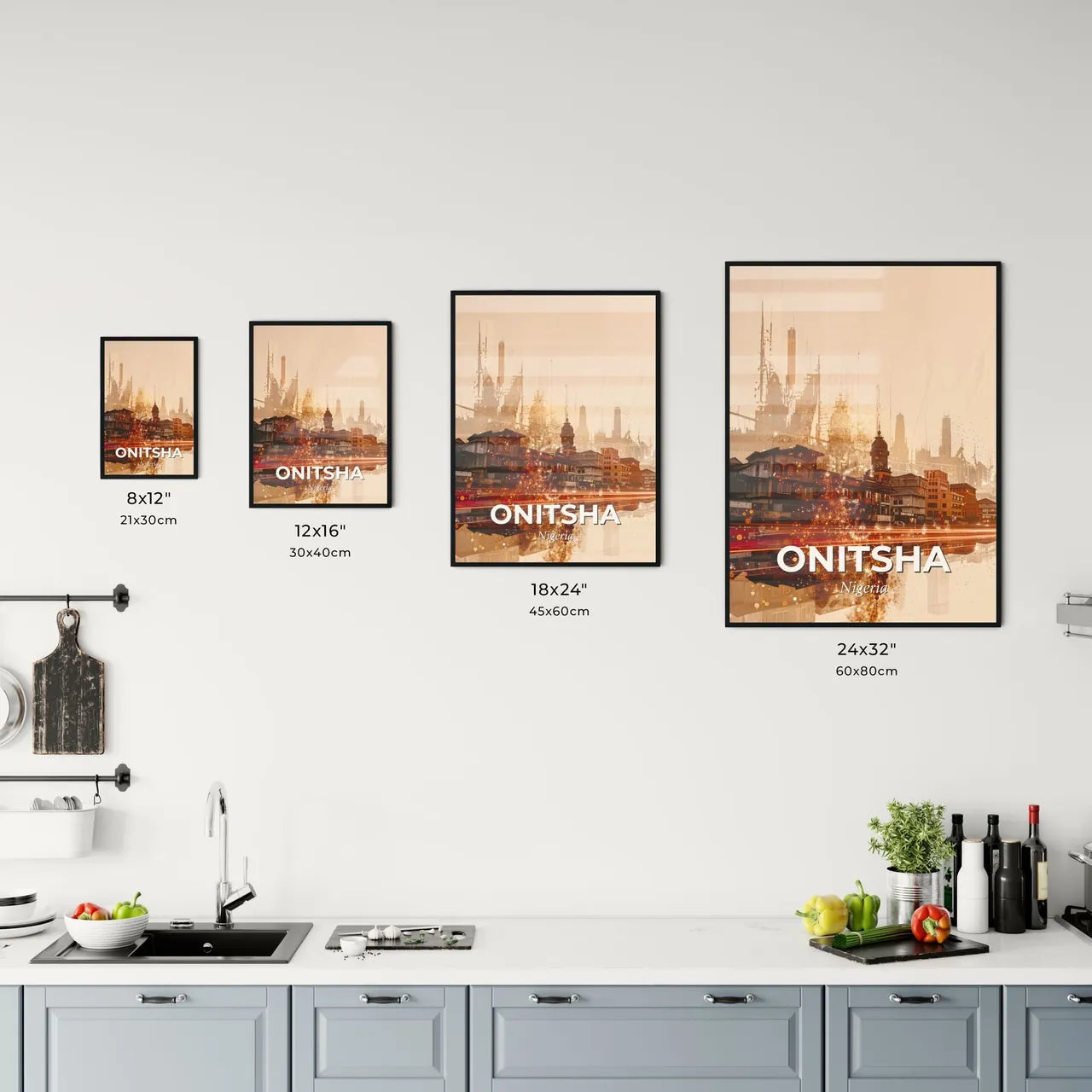 Onitsha Skyline Double Exposure Beige Cityscape Art Poster Office Art
