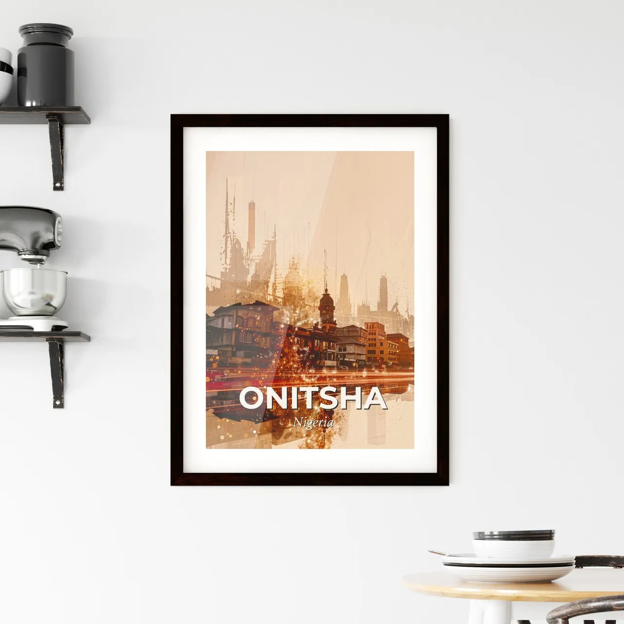 Onitsha Skyline Double Exposure Beige Cityscape Art Poster Framed Print