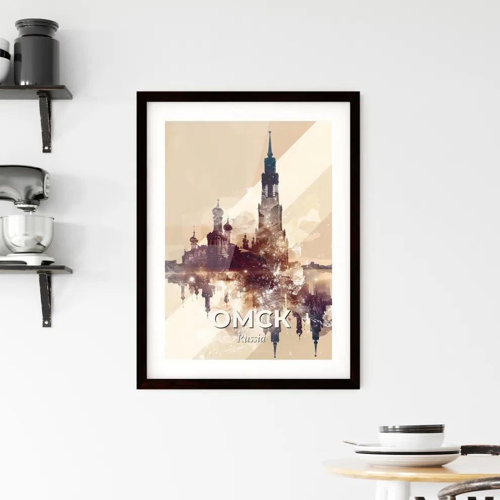 Omsk City Skyline Artwork In Beige Framed Print