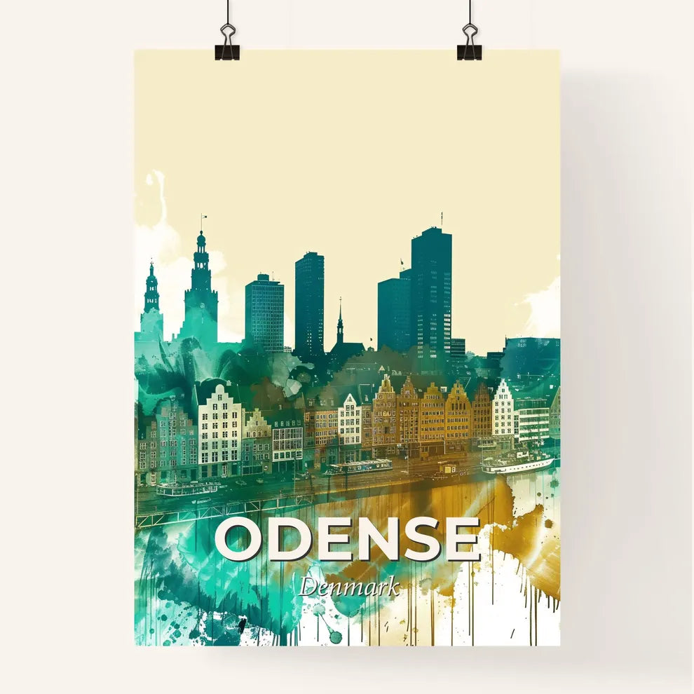 Odense Skyline Double Exposure Silhouettes Bright Pop Art Poster