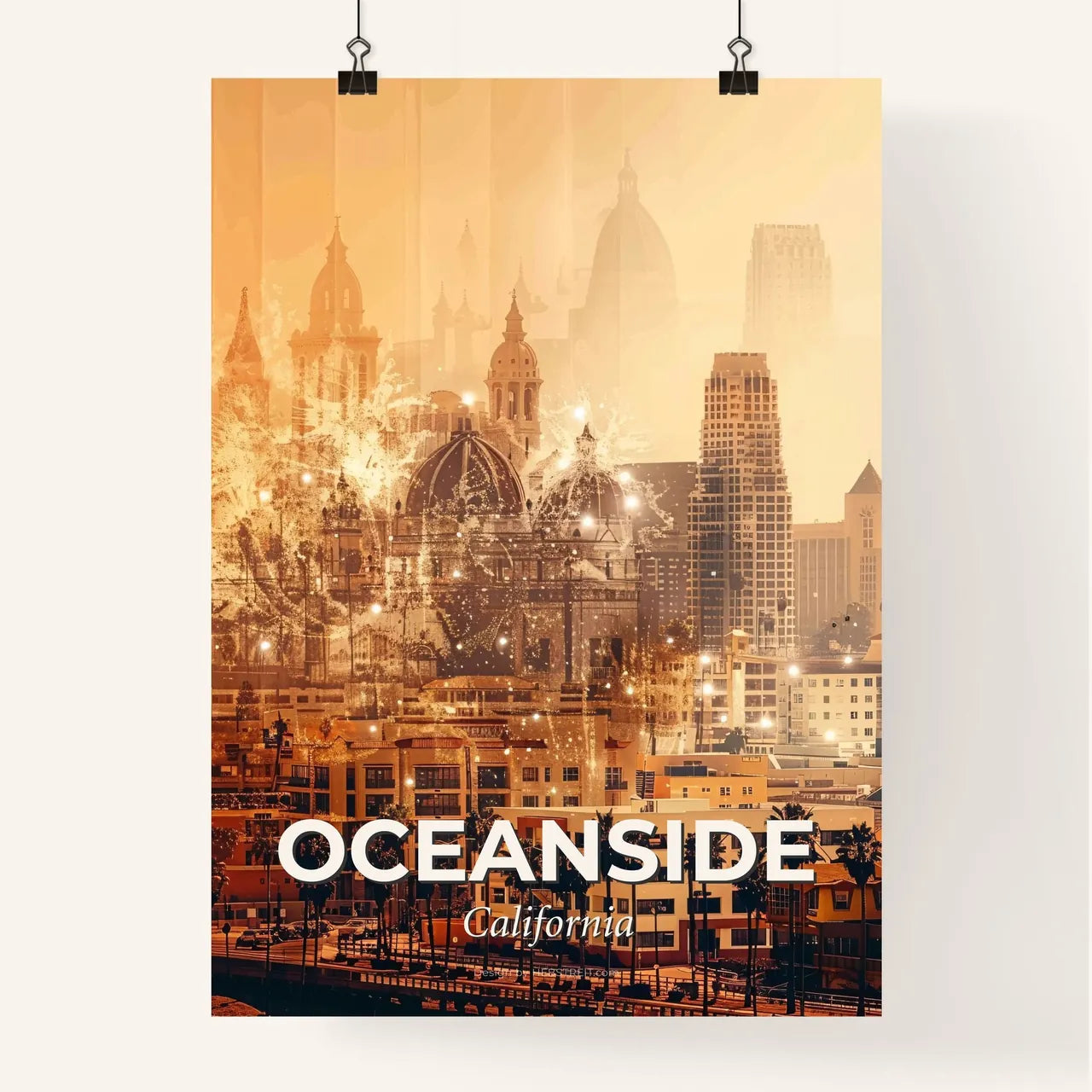 Oceanside City Skyline Double Exposure Composite Art Poster