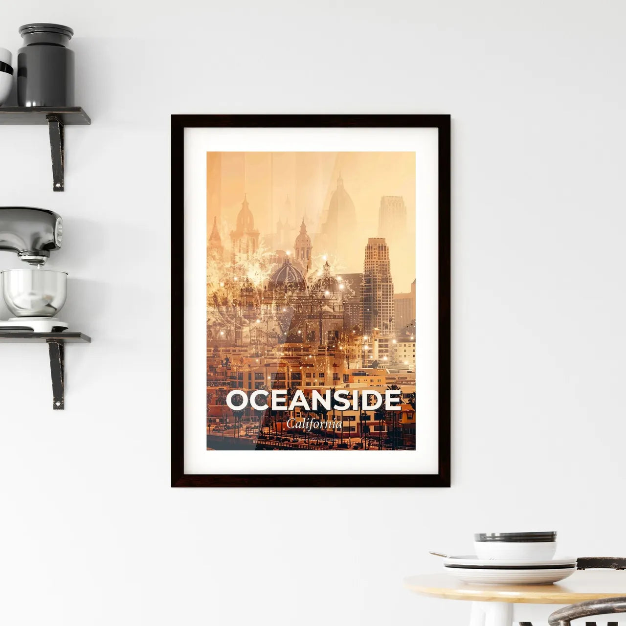 Oceanside City Skyline Double Exposure Composite Art Framed Print