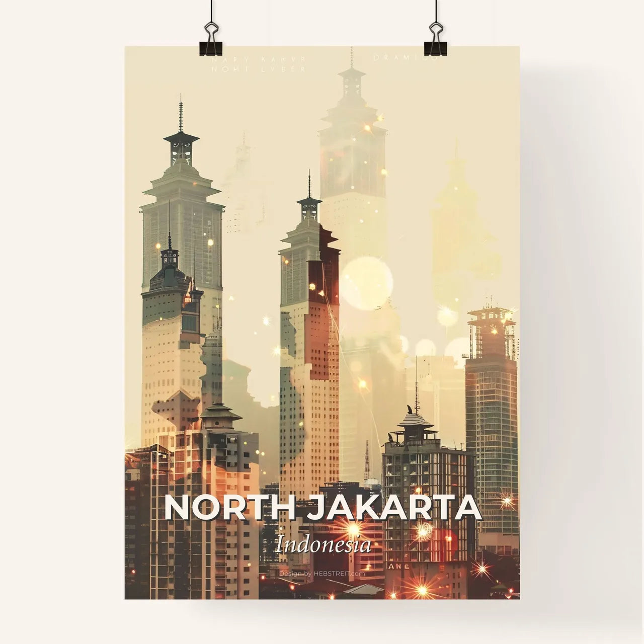 North Jakarta Skyline Double Exposure Composite Art Poster