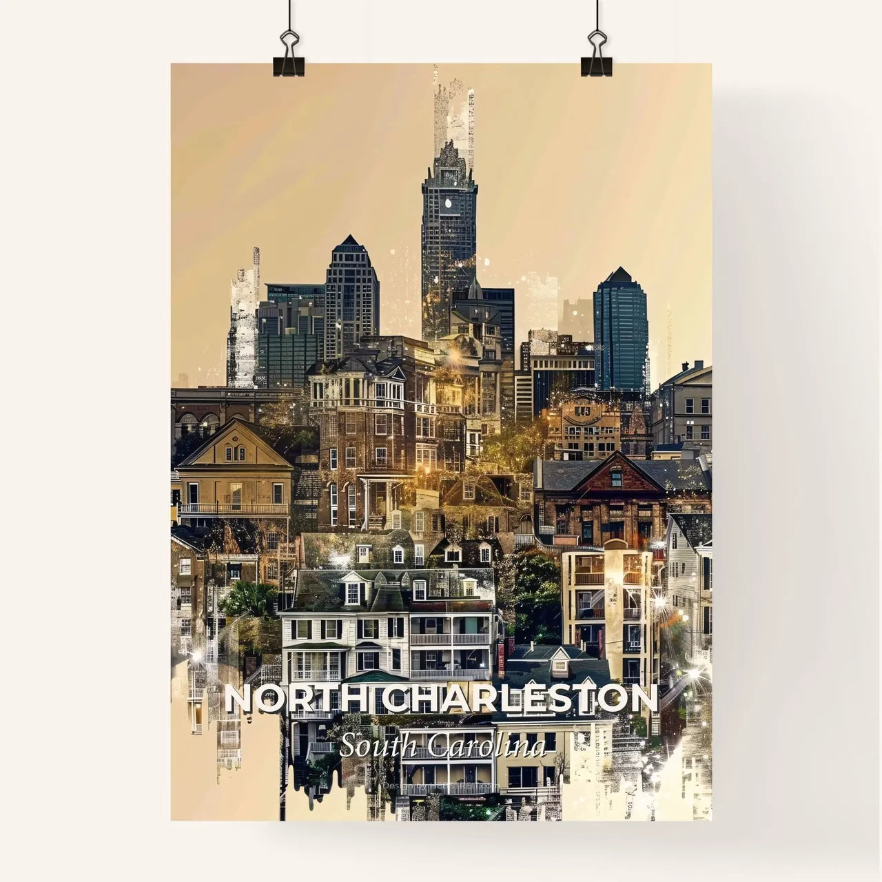 North Charleston Silhouette Composite Art Skyline Poster