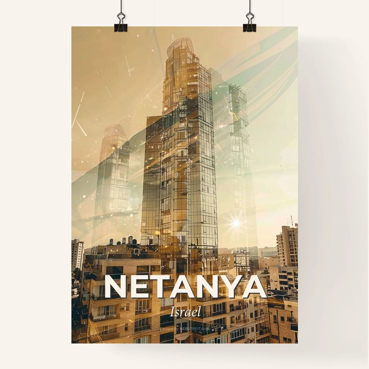 Netanya Skyline Bright Beige Double Exposure Art Poster