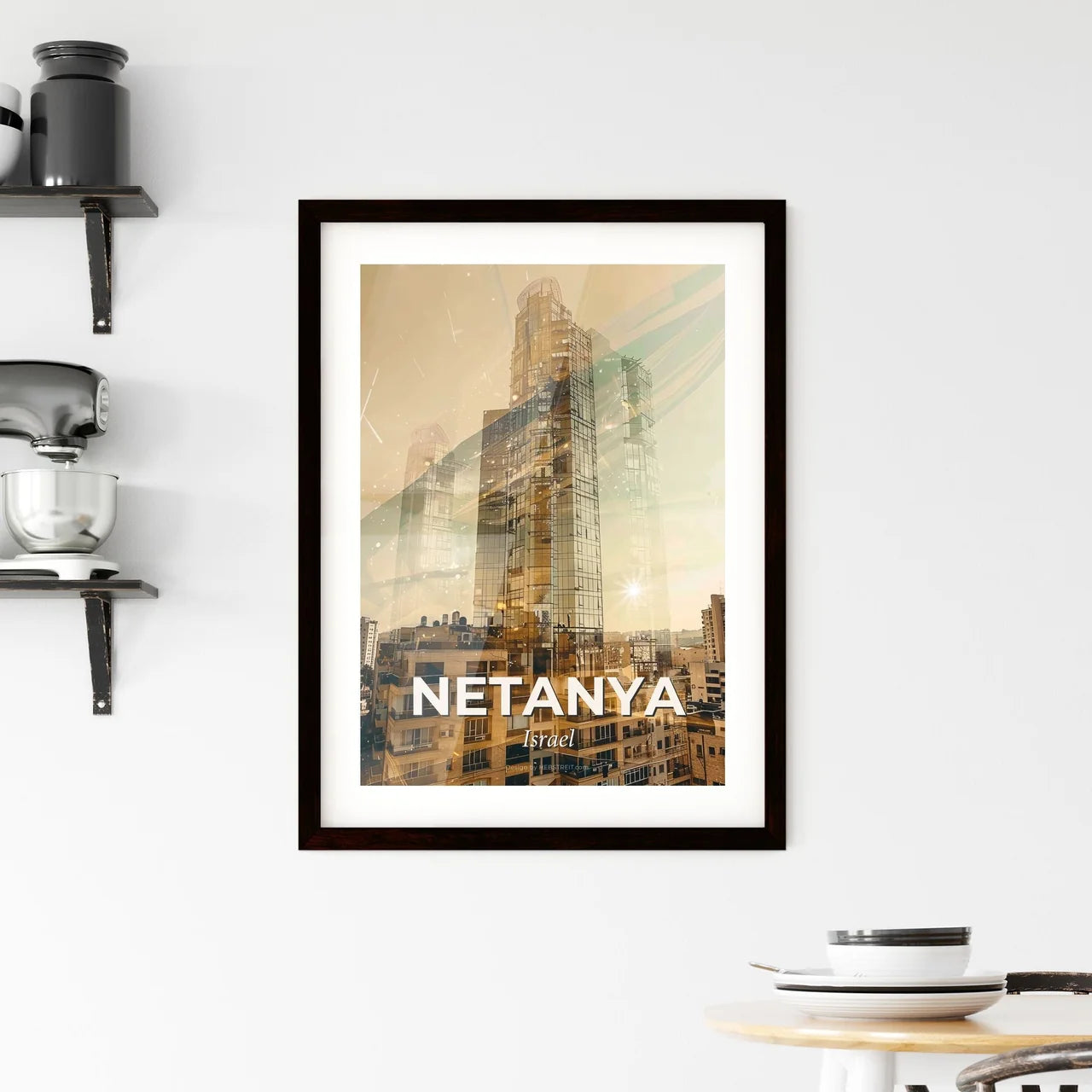 Netanya Skyline Bright Beige Double Exposure Art Framed Print
