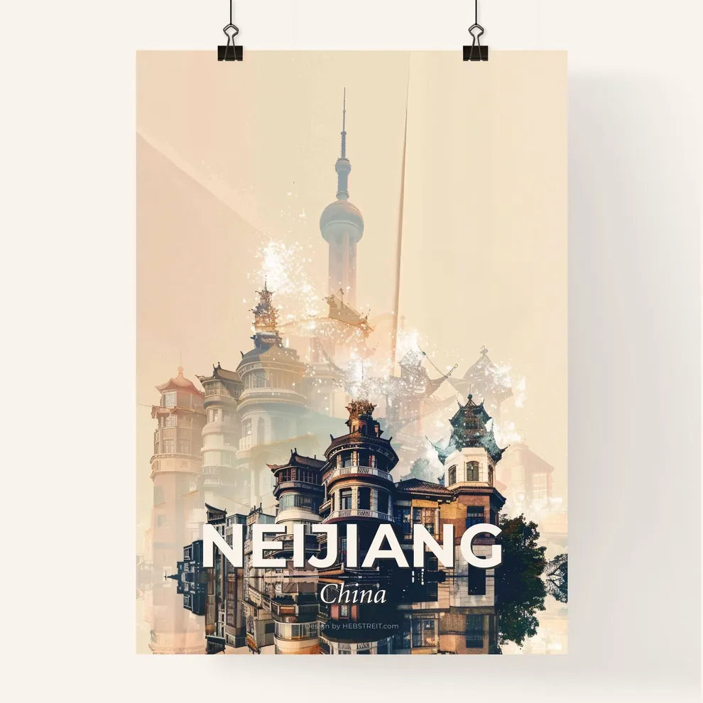 Neijiang China Double Exposure Skyline Poster