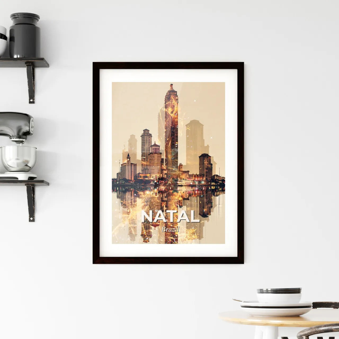 Natal Skyline Double Exposure Art, Iconic Architecture Framed Print