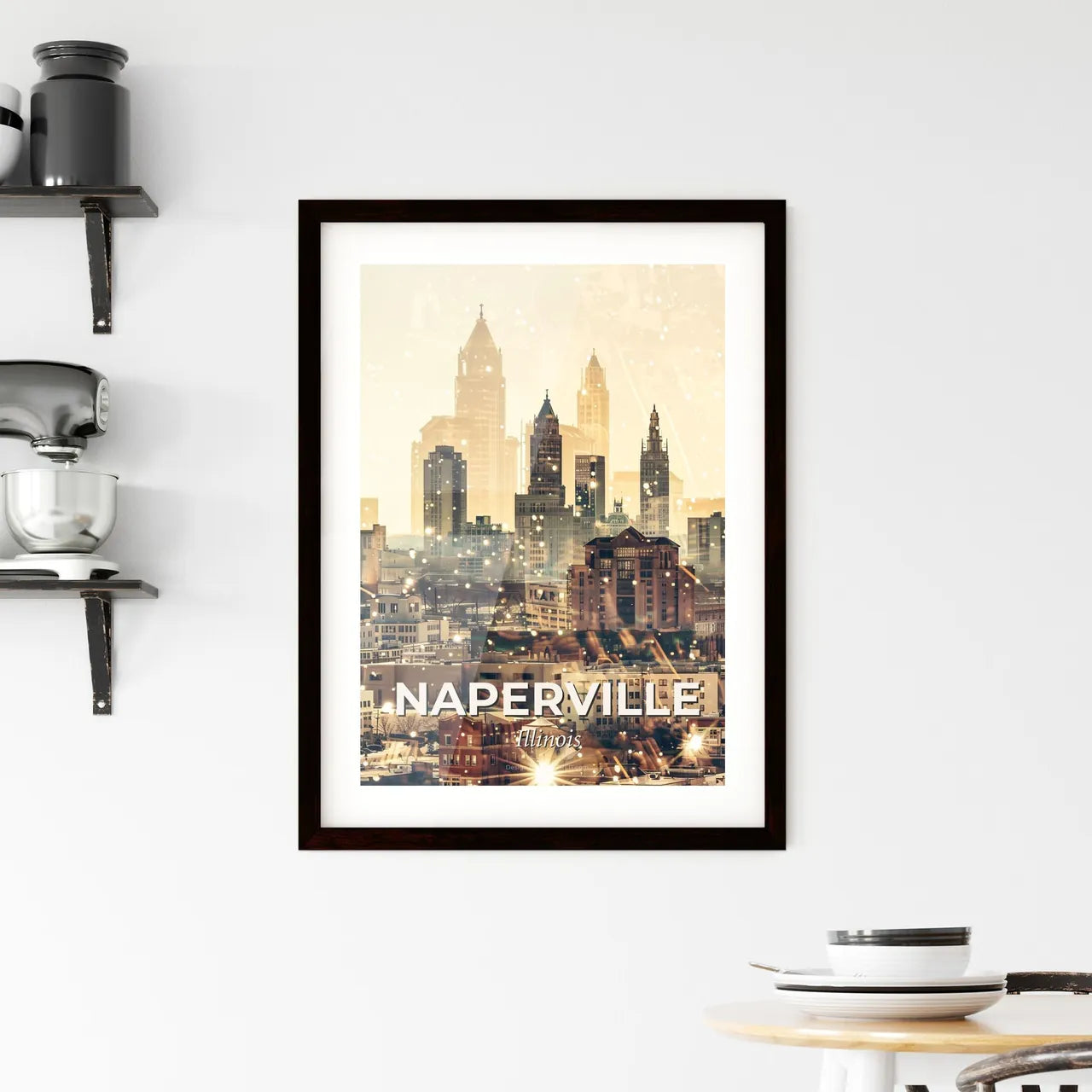 Naperville City Icons Sparkling Skyline Poster Framed Print