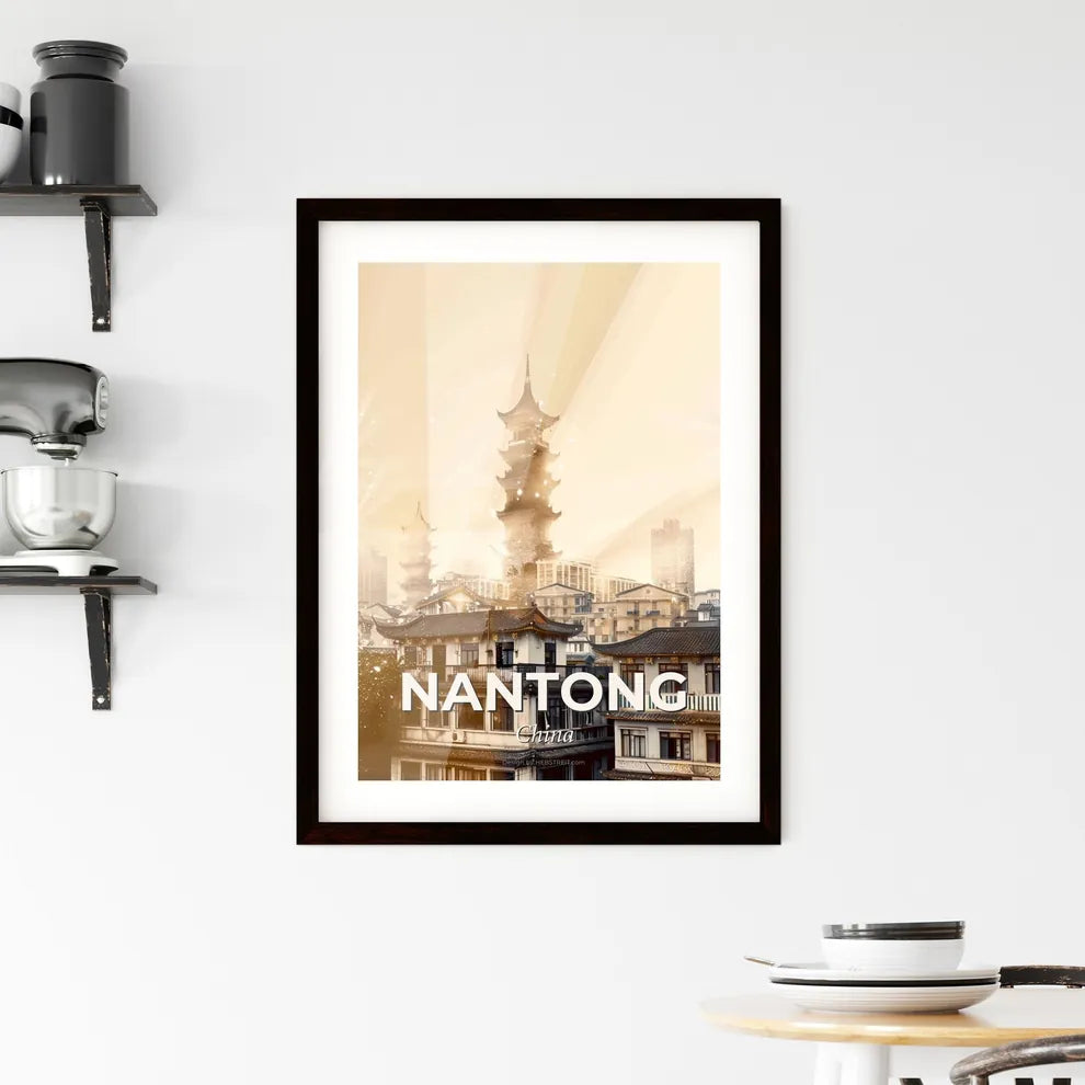 Nantong City Skyline Art Poster, Beige Framed Print