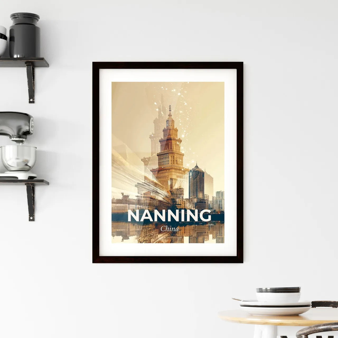 Nanning: Double Exposure Cityscape Skyline Art Framed Print