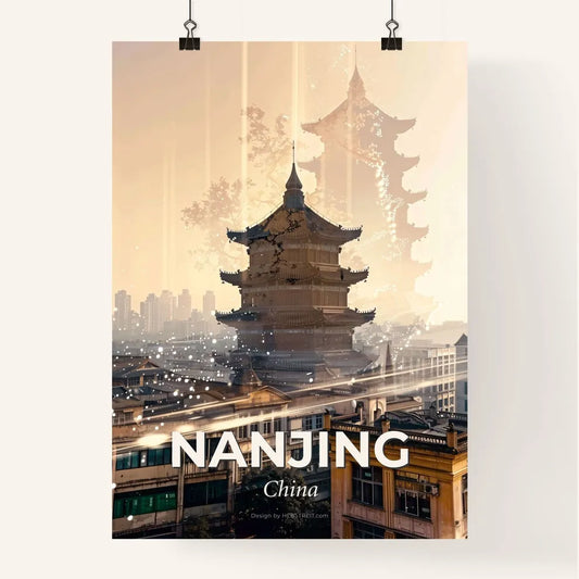 Nanjing Skyline Double Exposure Night Sparkles Beige Poster