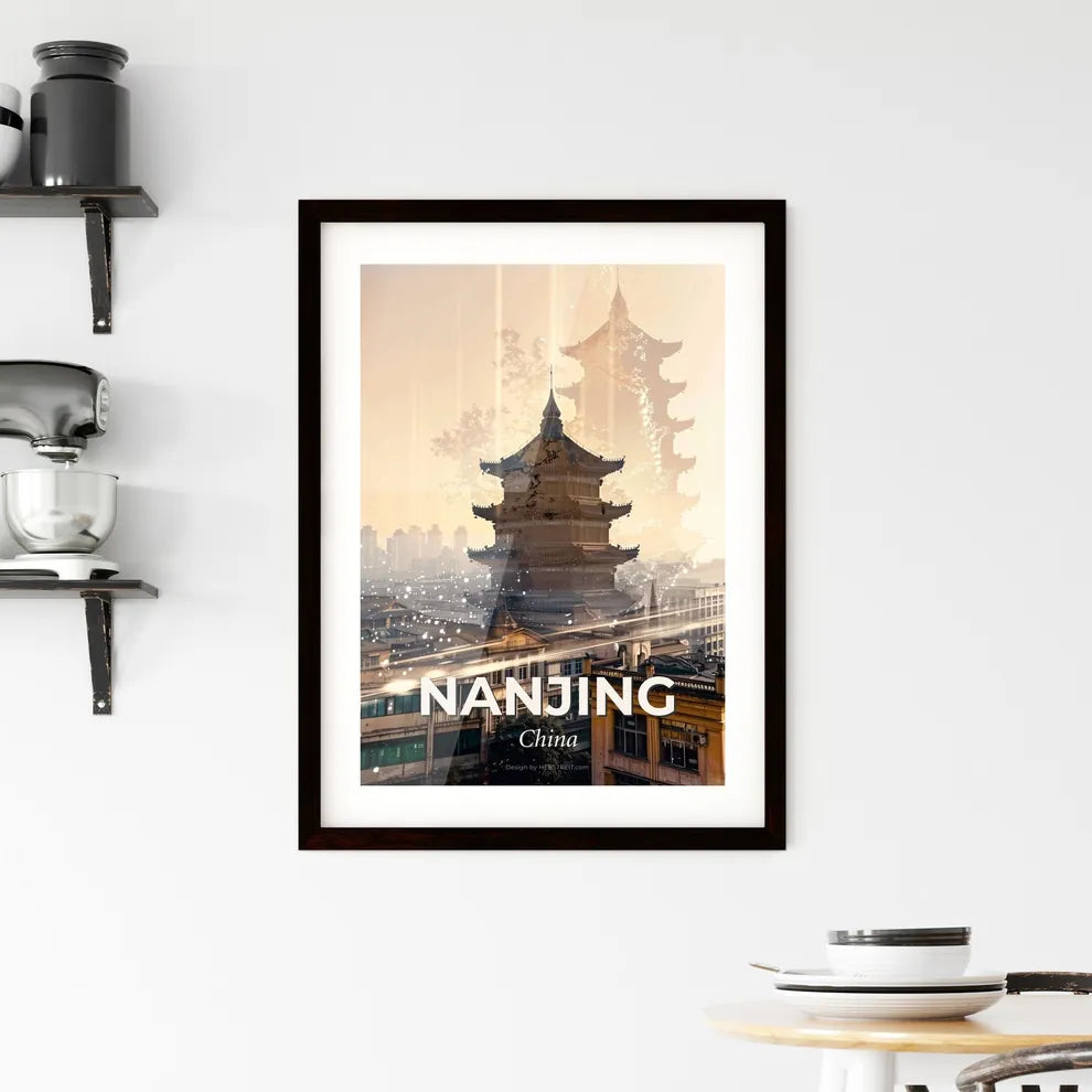 Nanjing Skyline Double Exposure Night Sparkles Beige Framed Print