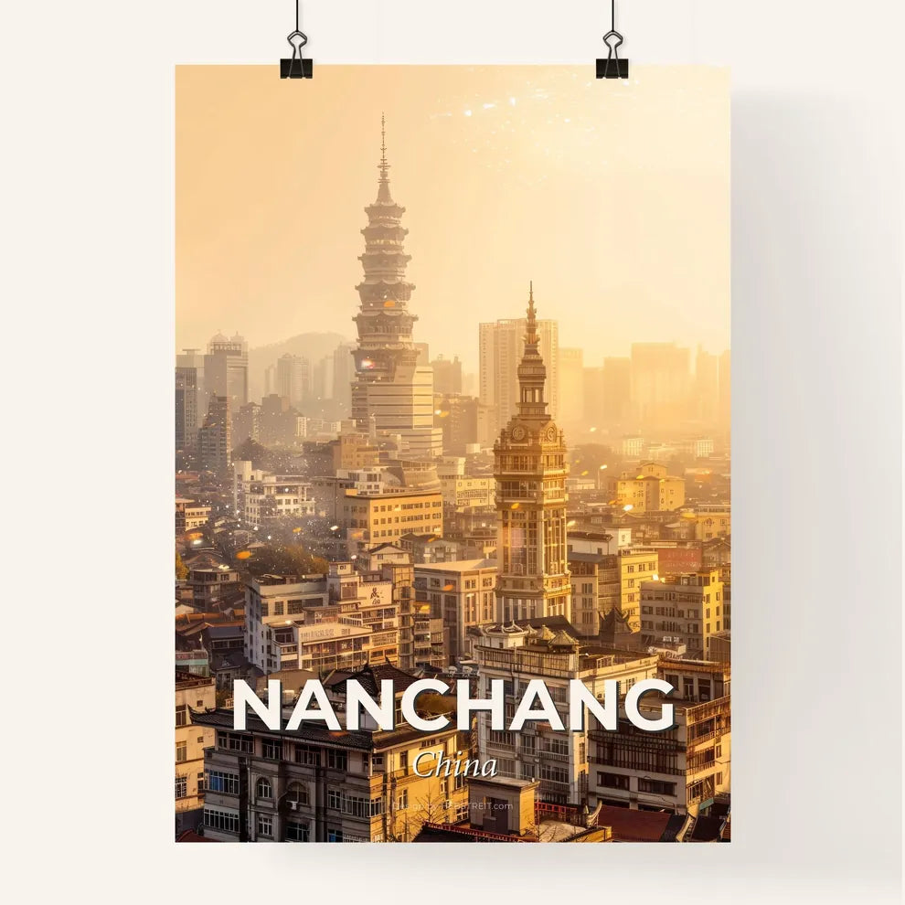 Nanchang City: Double Exposure Skyline on Beige Poster
