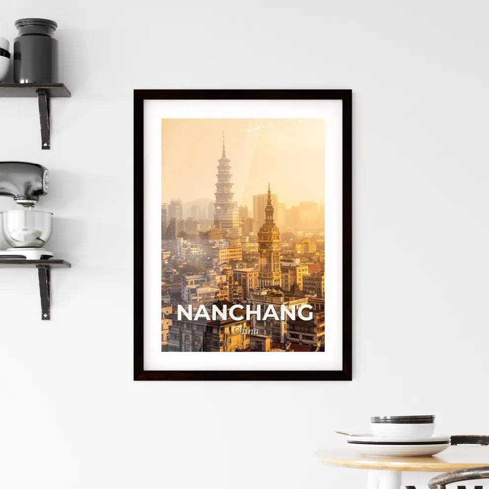 Nanchang City: Double Exposure Skyline on Beige Framed Print