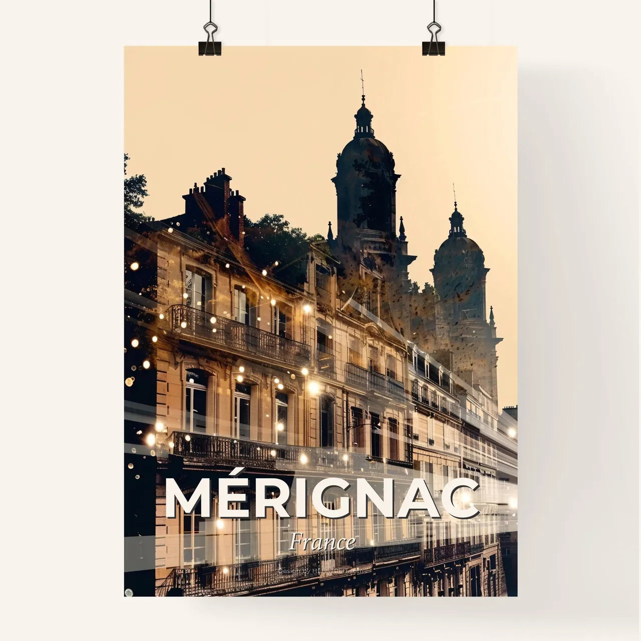Mérignac Double Exposure Skyline in Beige and Gold Poster