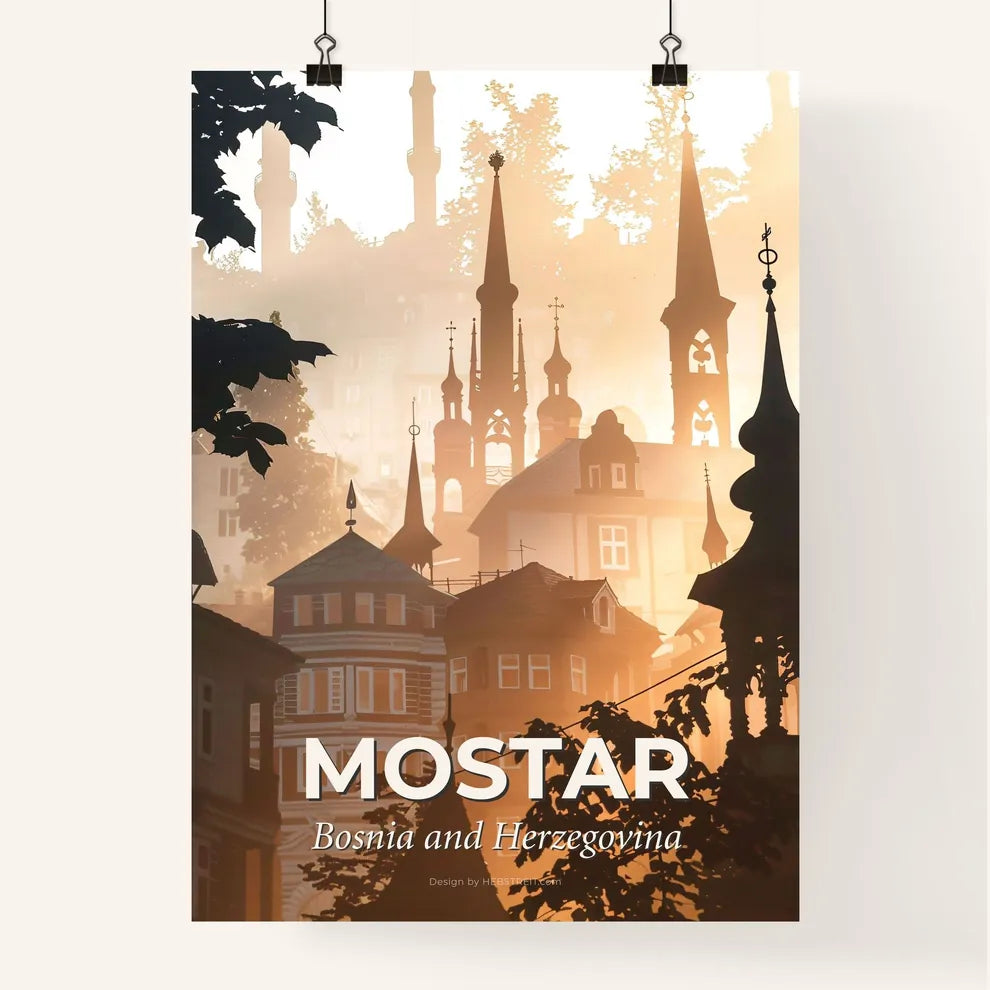 Mostar Double Exposure Composite Art Skyline Bright Beige Poster