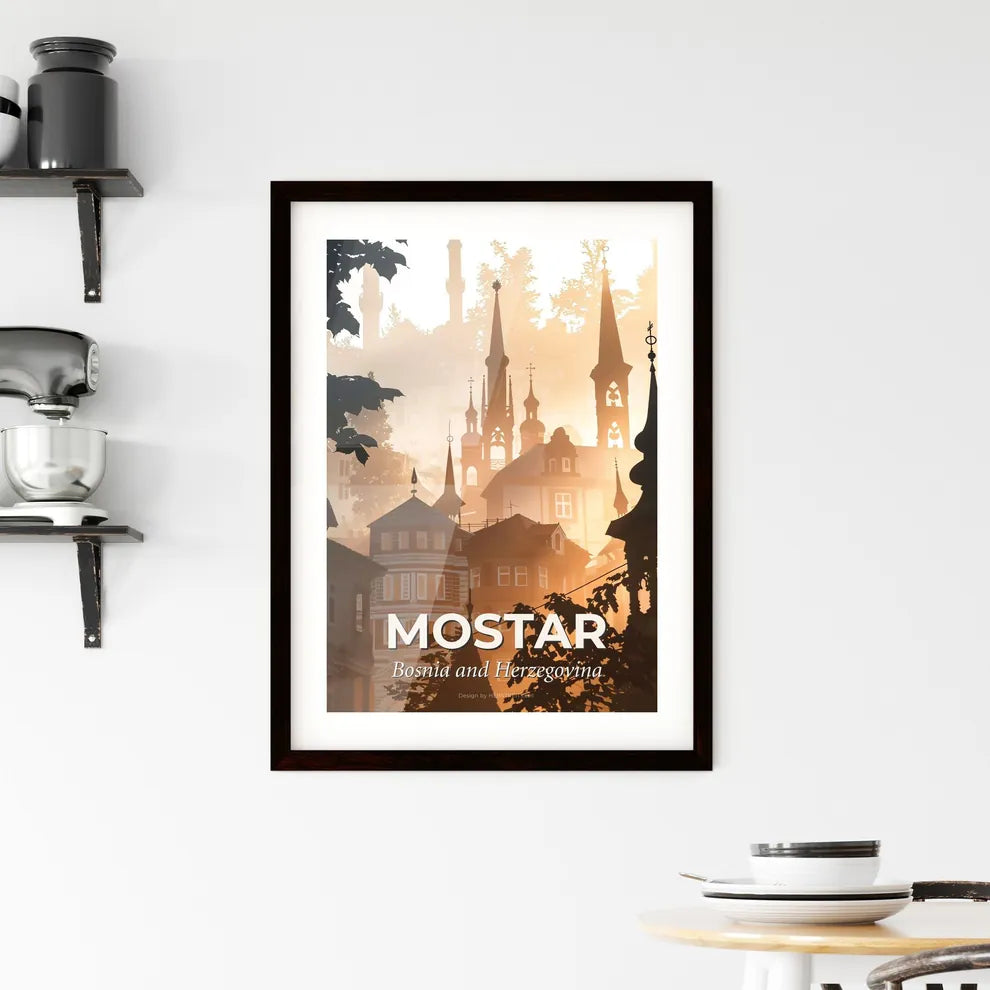 Mostar Double Exposure Composite Art Skyline Bright Beige Framed Print