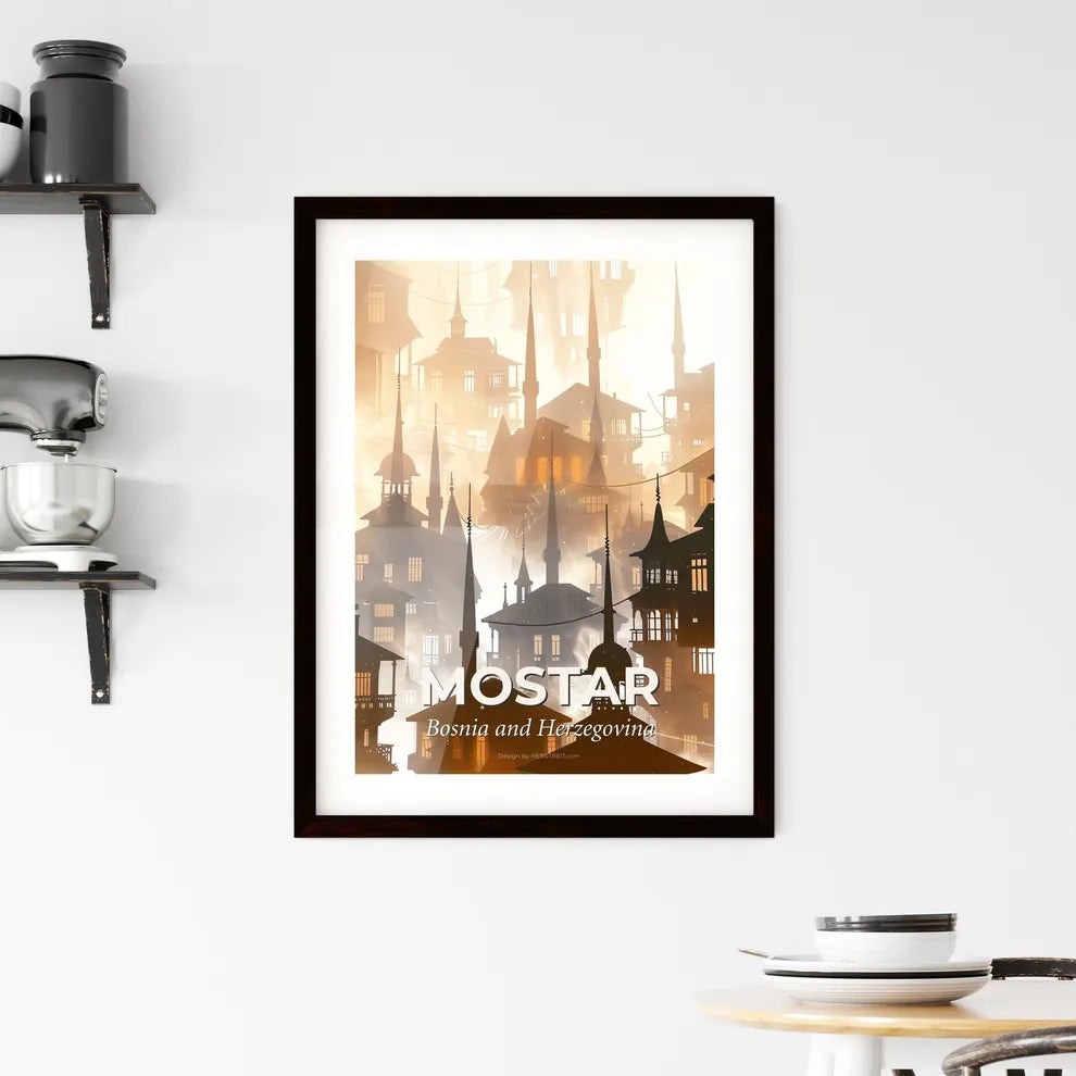 Mostar City Skyline Double Exposure Poster Framed Print