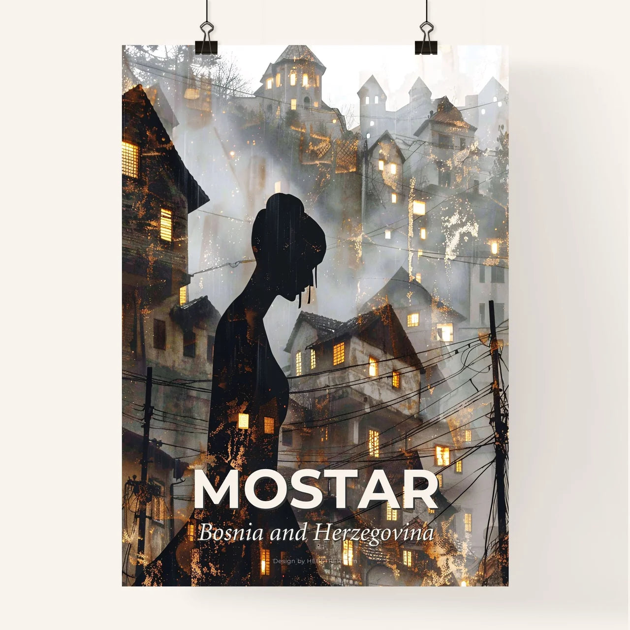 Mostar Skyline Composite Art, Bright Beige Poster Poster