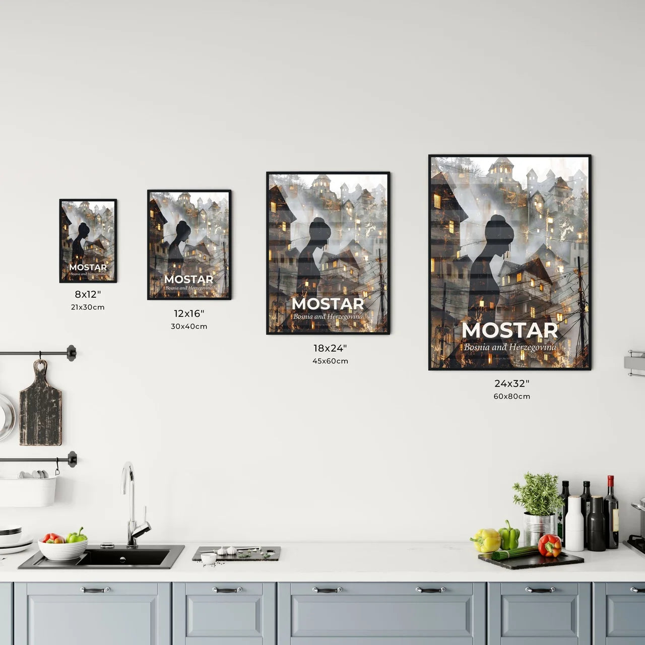 Mostar Skyline Composite Art, Bright Beige Poster Office Art