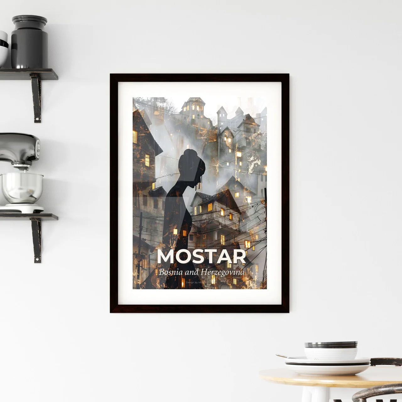 Mostar Skyline Composite Art, Bright Beige Poster Framed Print