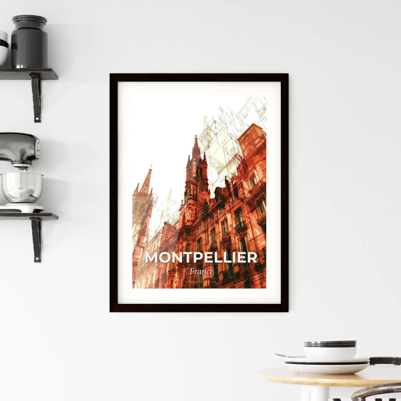 Montpellier Skyline City Lights Beige Art Poster Framed Print