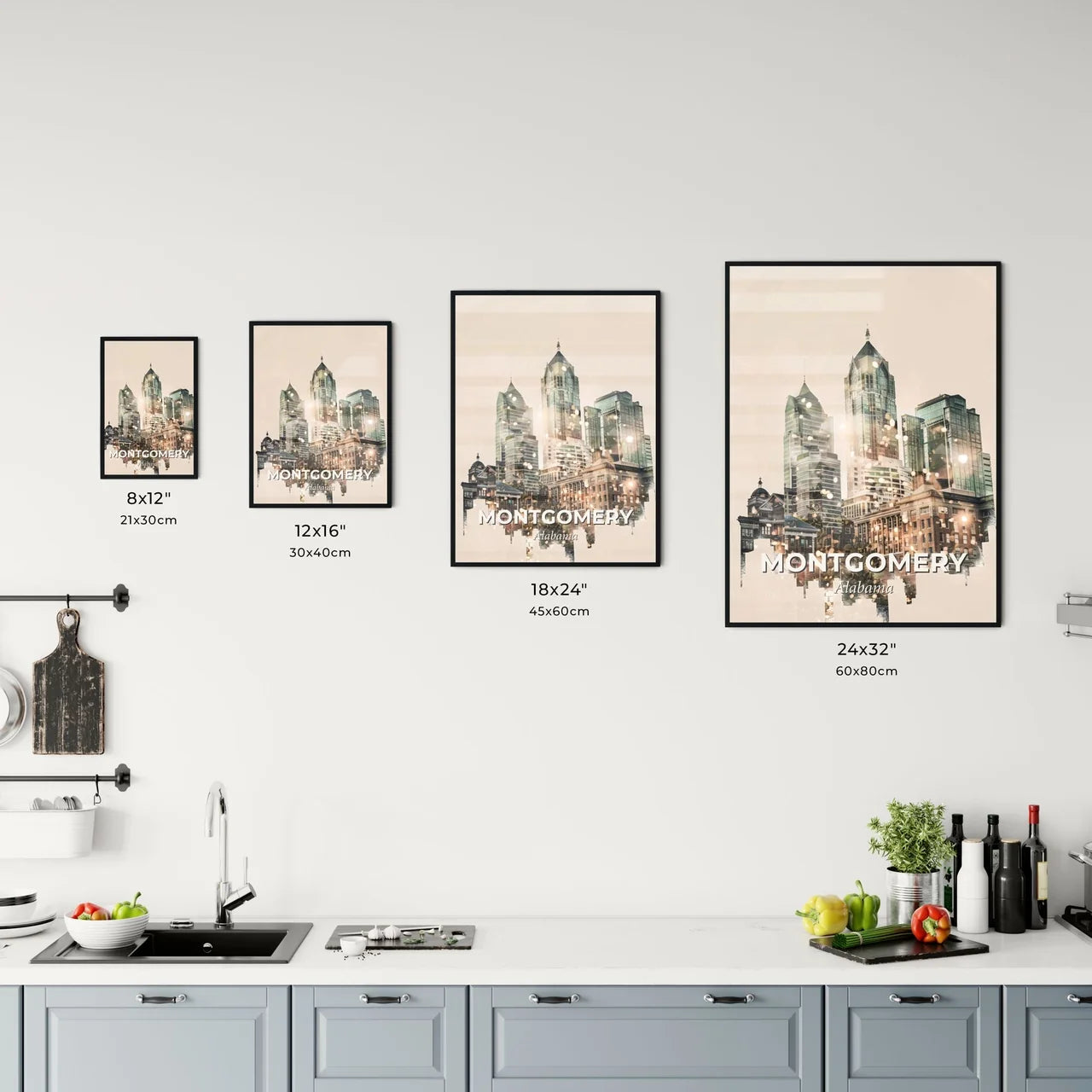 Montgomery Cityscape Art: Icons, Sparkle, Beige Office Art