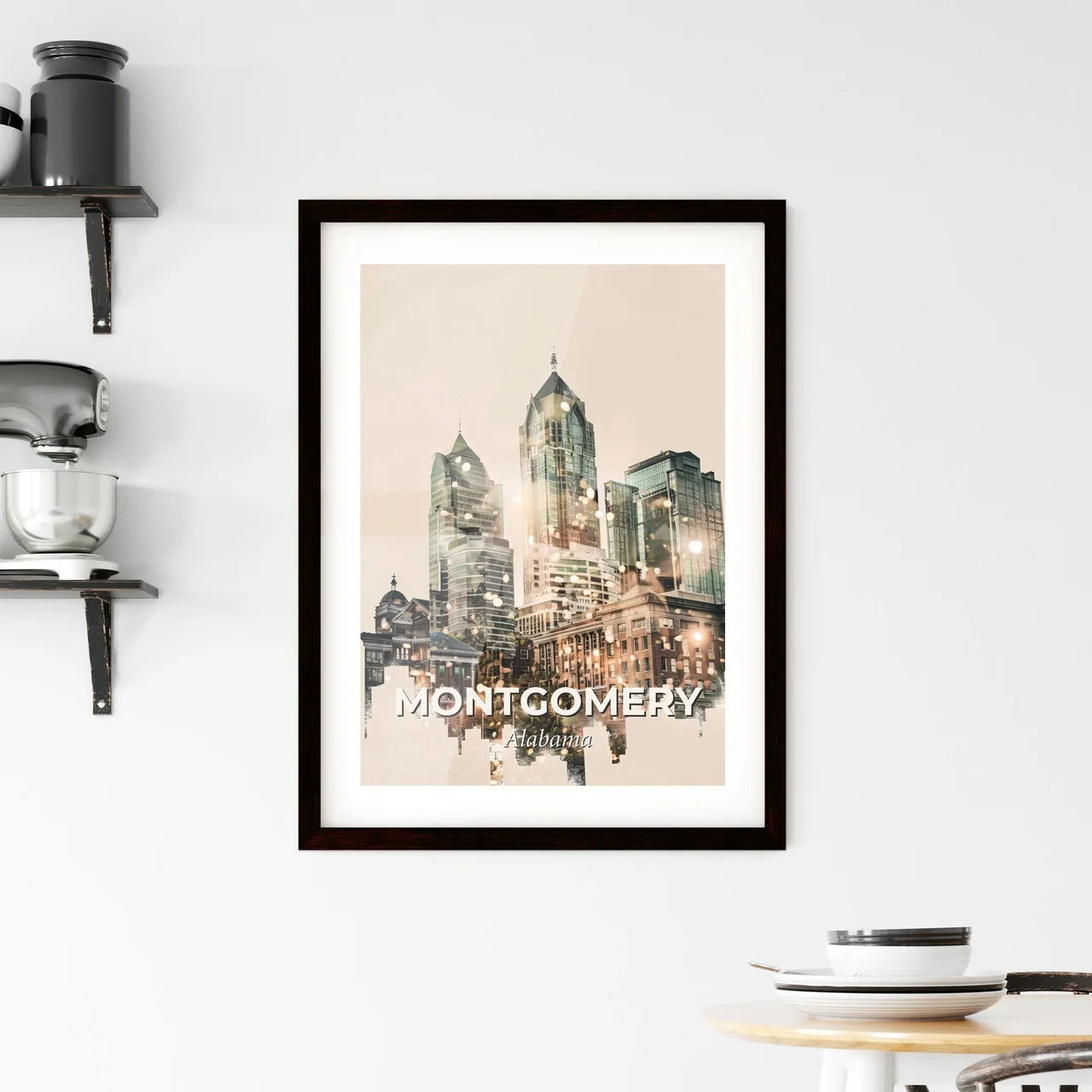 Montgomery Cityscape Art: Icons, Sparkle, Beige Framed Print