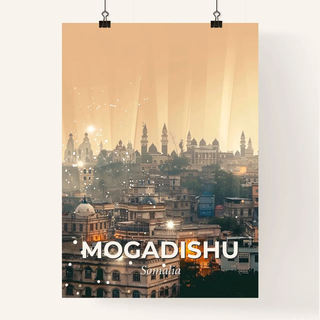 Mogadishu Skyline Art: Vibrant City Hues on Beige Poster