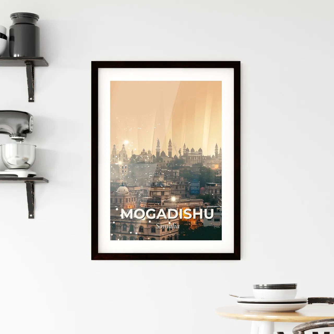 Mogadishu Skyline Art: Vibrant City Hues on Beige Framed Print
