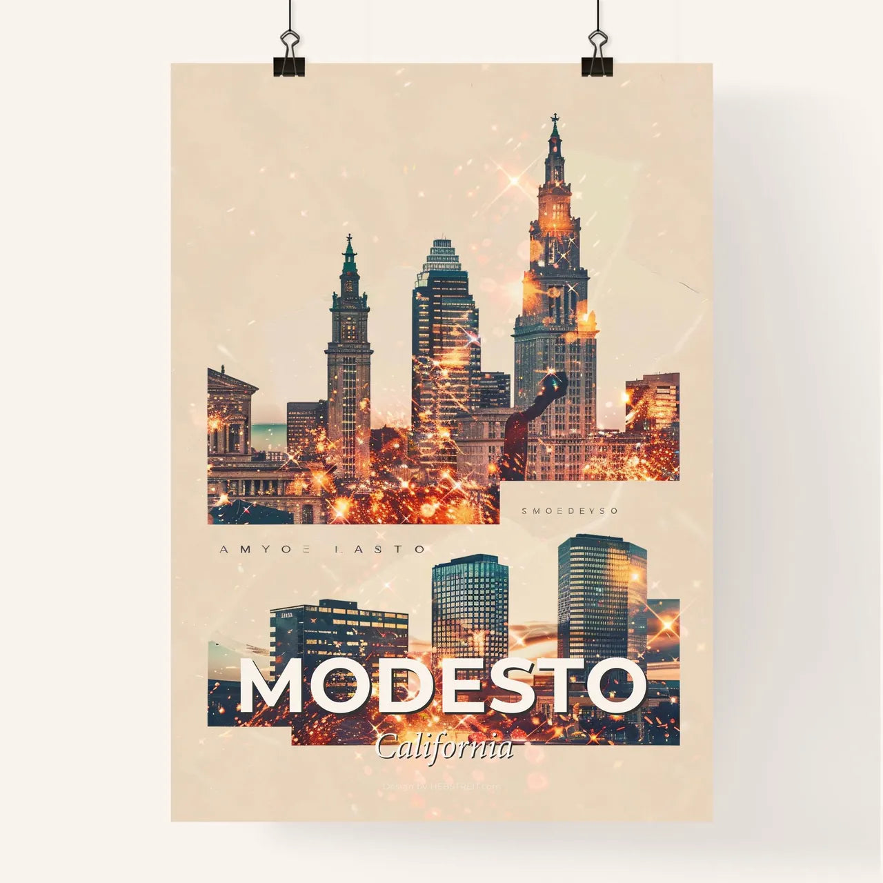 Modesto Cityscape Double Exposure Art Poster