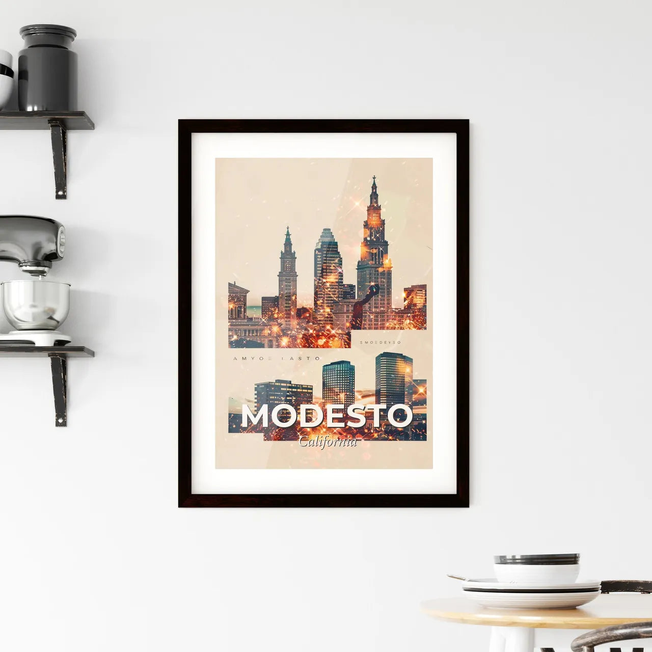 Modesto Cityscape Double Exposure Art Framed Print