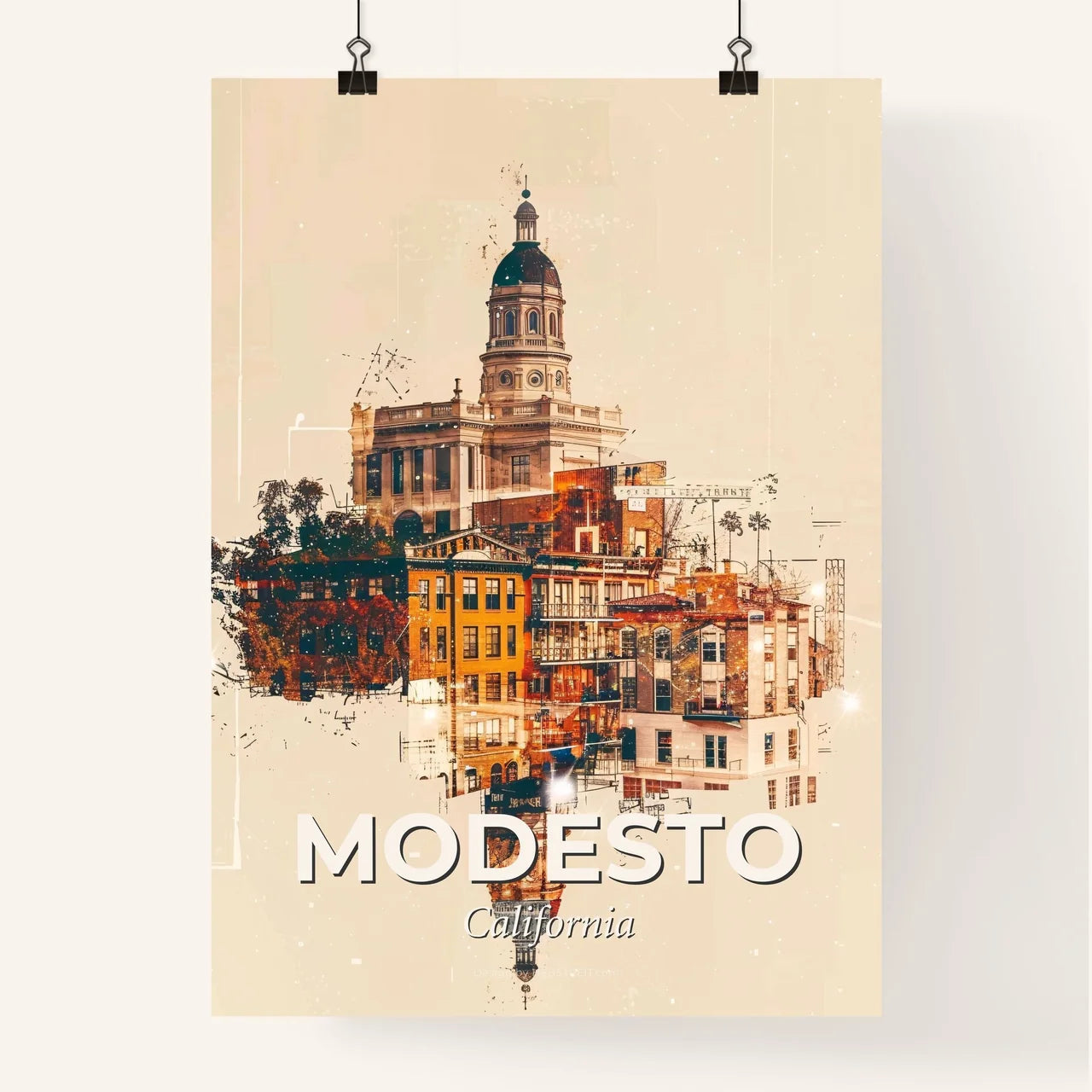 Modesto Skyline: Local Architecture Double Exposure Art Poster